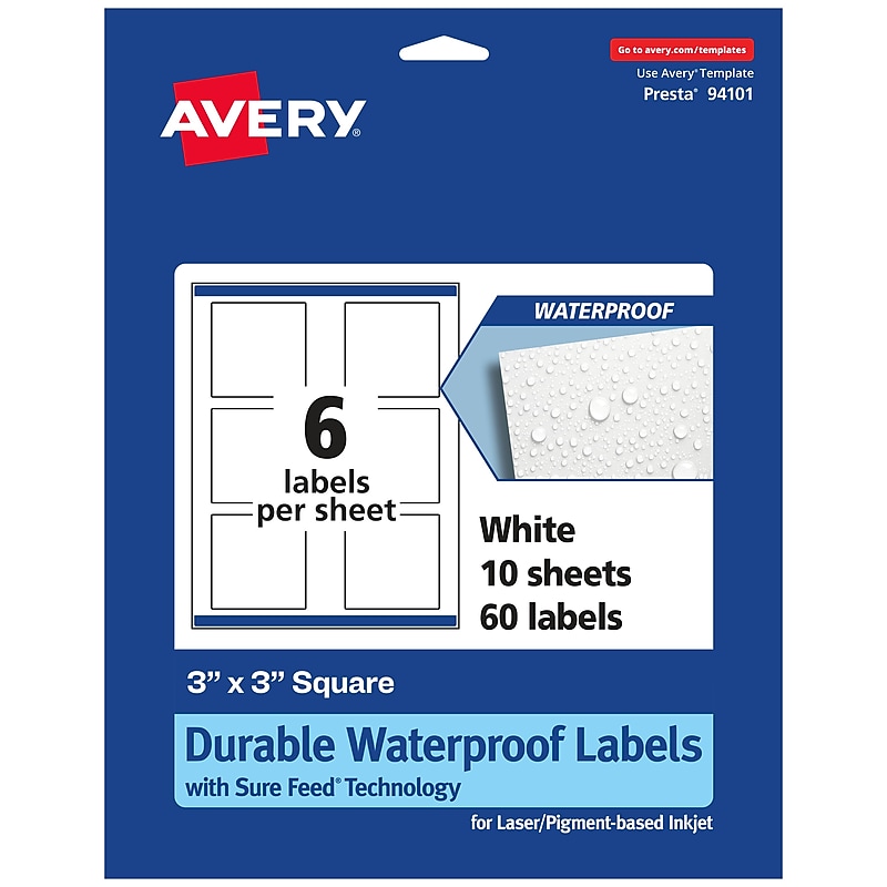 Avery Laser/Inkjet Square Labels, 3" x 3", White, 60 Labels/Pack (94101) image 1
