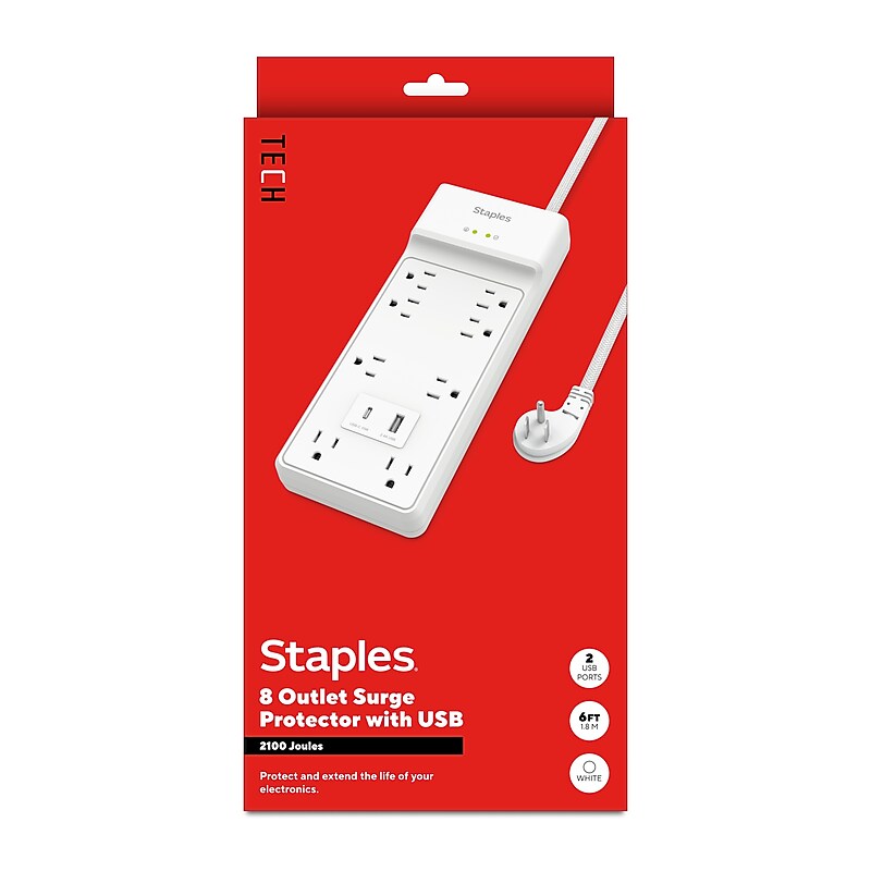 Staples TECH 8-Outlet 2-USB Port Surge Protector, 6', 2100 Joules, White (ST62775) image 1