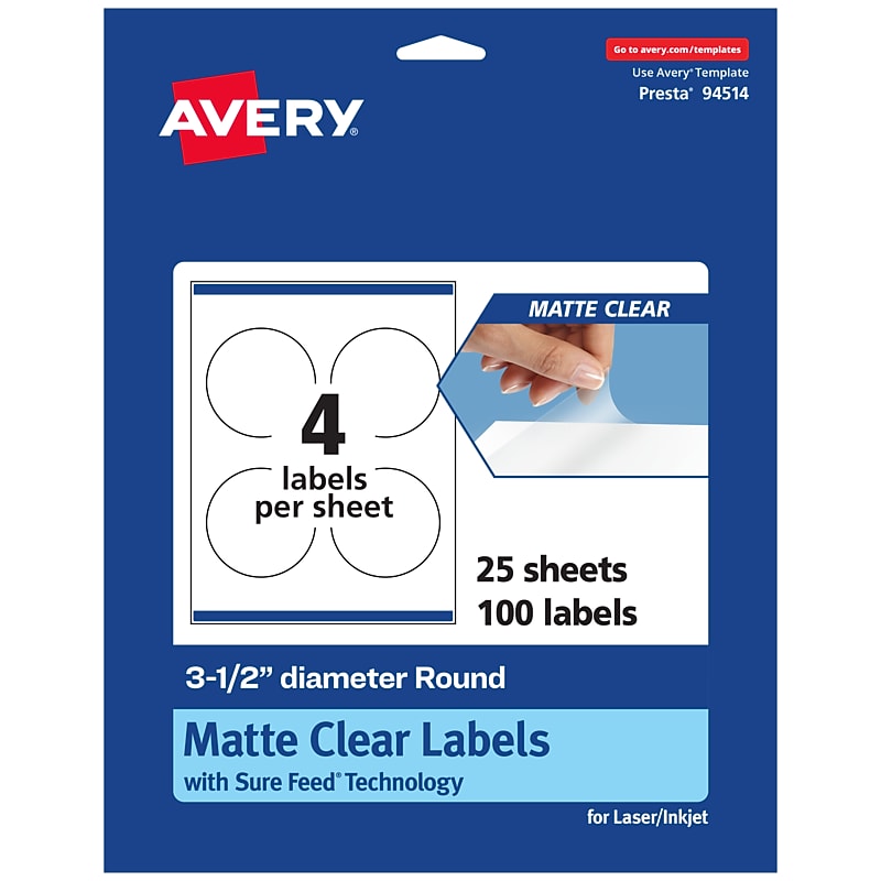 Avery Laser/Inkjet Circle Multipurpose Labels, 3-1/2" Dia., Clear, 100/Pack (94514) image 1