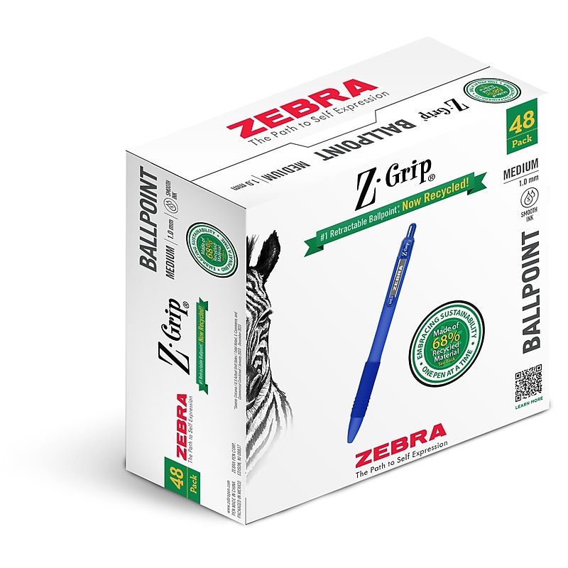 Zebra Z-Grip Retractable Ballpoint Pen, Medium Point, 1.0mm, Blue Ink, 48/Pack (20428) image 1