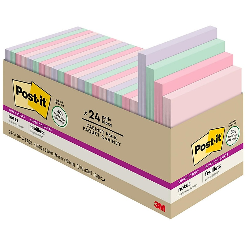 Post-it Recycled Super Sticky Notes, 3" x 3", Wanderlust Pastels Collection, 70 Sheet/Pad, 24 Pads/Pack (65424NHCP) image 1