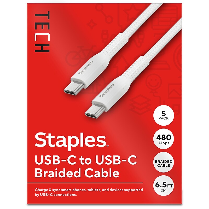 Staples TECH USB-C to USB-C Charging Cable, 6.5 ft., White, 5/Pack (ST62315) image 1