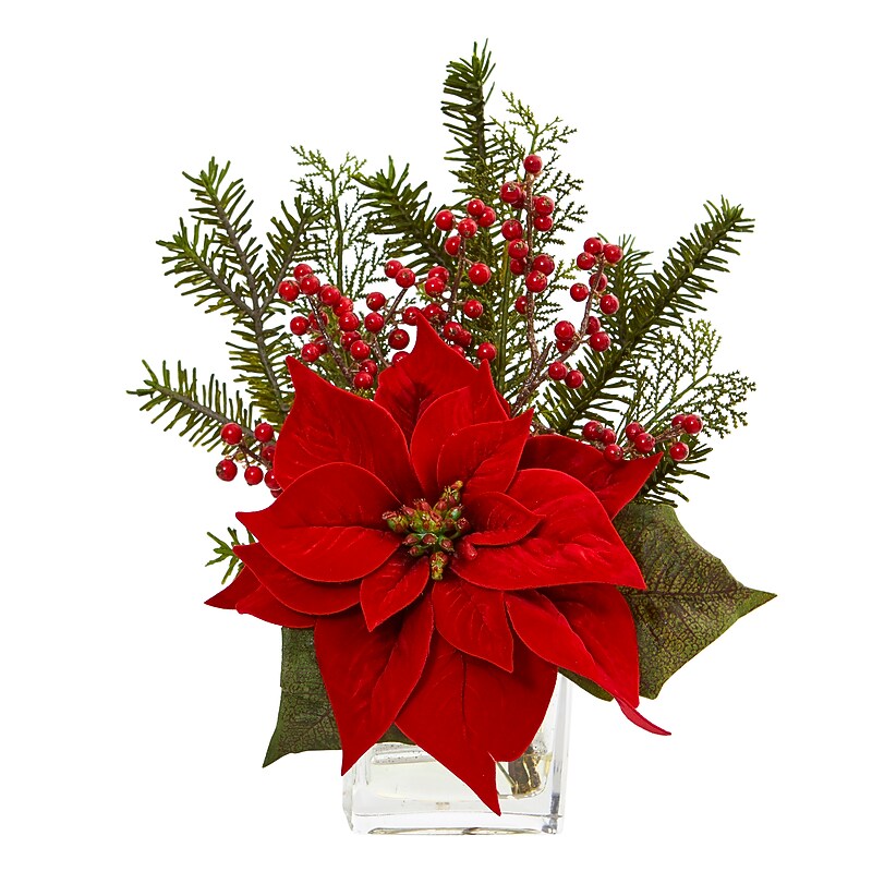 Nearly Natural Artificial Poinsettia, Pine and Berries (4189) image 1