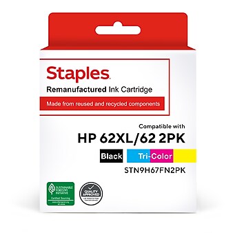 Staples Remanufactured Black High Yield and Tri-Color Standard Ink Cartridge Replacement for HP 62XL/62 (STN9H67FN2PK), 2/Pack