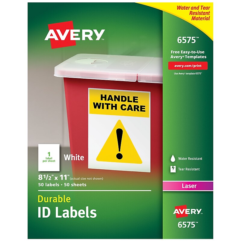 Avery TrueBlock Laser Durable ID Labels, 8-1/2" x 11", White, 50 Labels/Box (6575) image 1