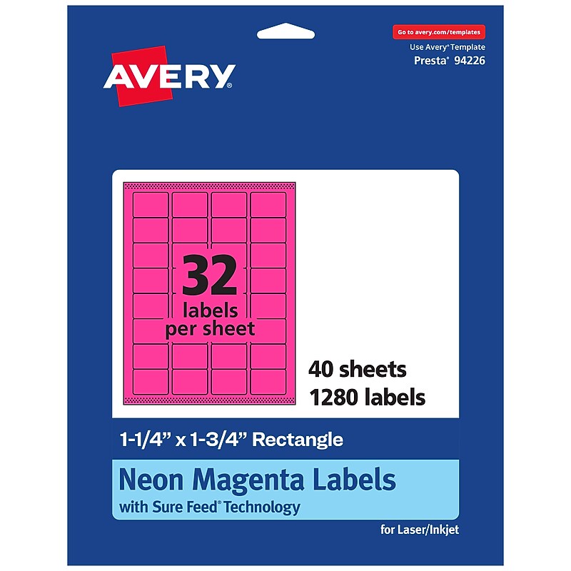 Avery Laser/Inkjet Rectangle Multipurpose Labels, 1.25" x 1.75", Neon Magenta, 1280/Pack (94226) image 1