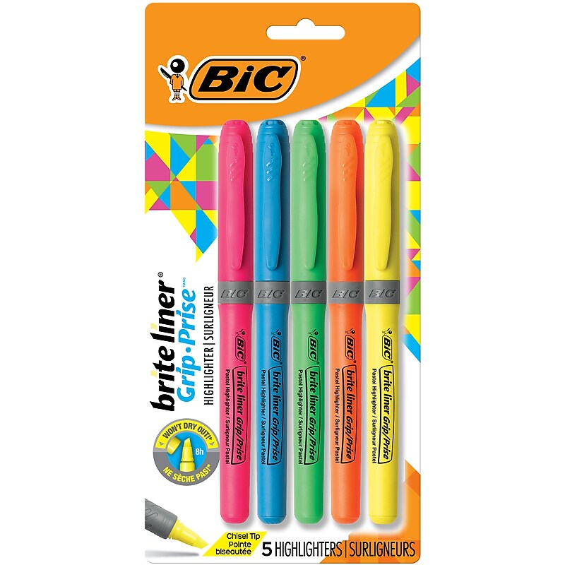 BIC Brite Liner Stick Highlighter with Grip, Chisel Tip, Assorted, 5/Pack (31257) image 1
