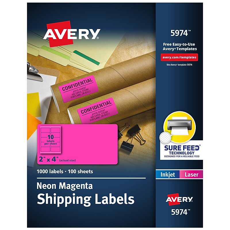 Avery Sure Feed Laser Shipping Labels, 2"x 4", Neon Pink, 1000 Labels/Box (5974) image 1