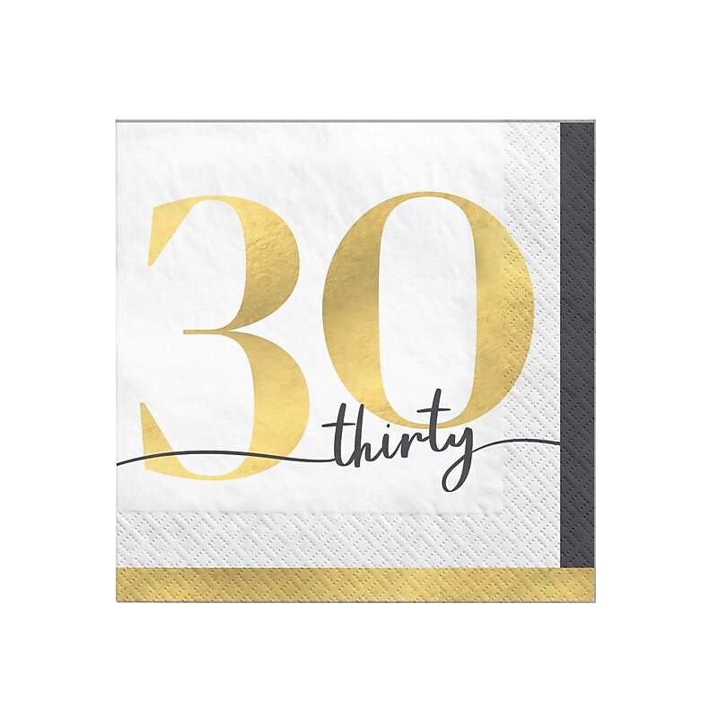 Party City Party of The Ages 30th Birthday Beverage Napkin, 2-Ply, White/Black/Gold, 16/Pack (AM50050436) image 1