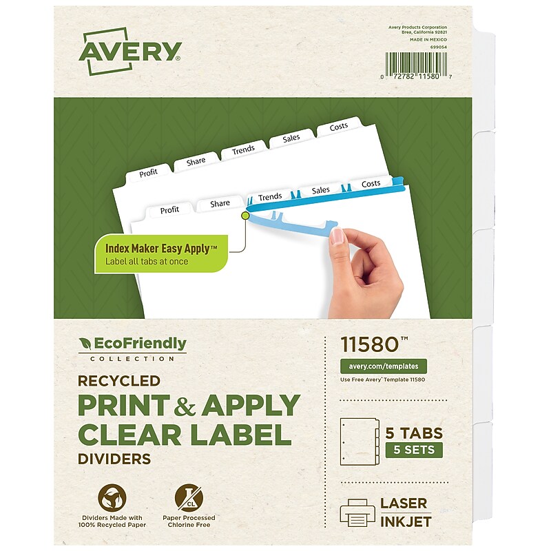 Avery Index Maker EcoFriendly Paper Dividers with Print & Apply Label Sheets, 5 Tabs, White, 5 Sets/Pack (11580) image 1