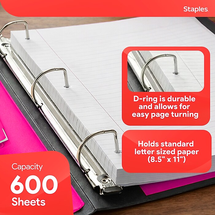Staples 3" 3-Ring Better Binder, D-Ring, Pink (ST55890-CC) | Staples