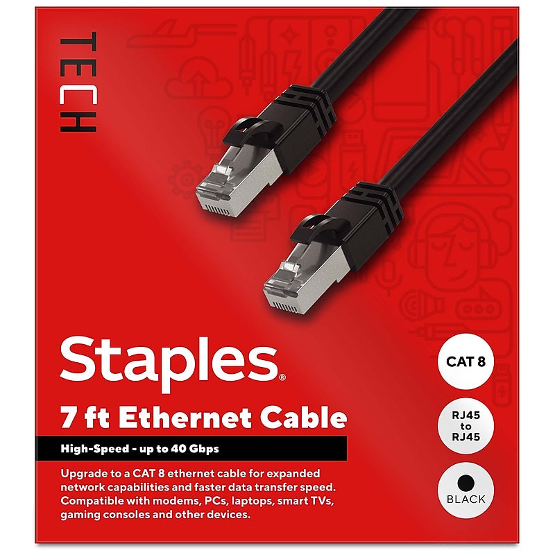 Staples TECH 7 ft. Cat-8 Ethernet Cable, Male to Male, Black (ST62463) image 1