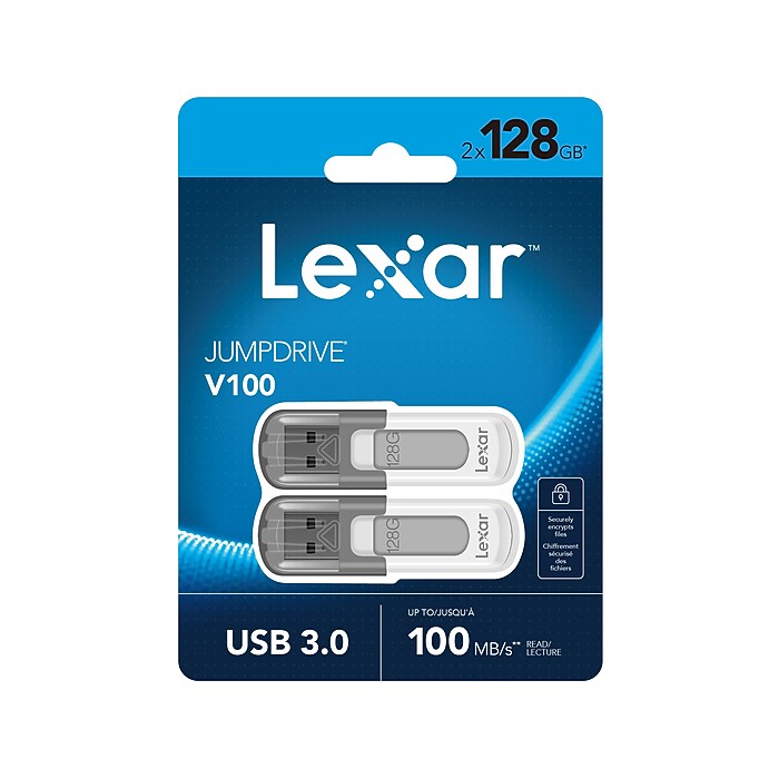 Lexar JumpDrive V100 128GB USB 3.0 Flash Drive, Gray, 2/Pack
