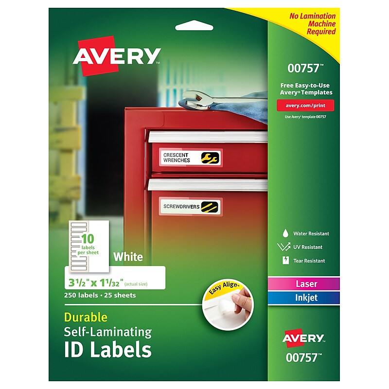 Avery Easy Align Laser/Inkjet Self-Laminating ID Labels, 1-1/32" x 3-1/2", White, 250 Labels/Pack (757) image 1