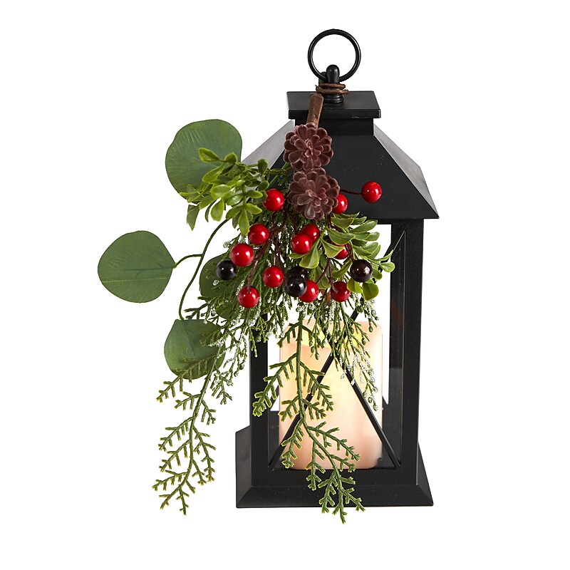 Nearly Natural Artificial Holiday Berries and Greenery Metal Lantern Table Christmas Arrangement, 12" (A1858) image 1