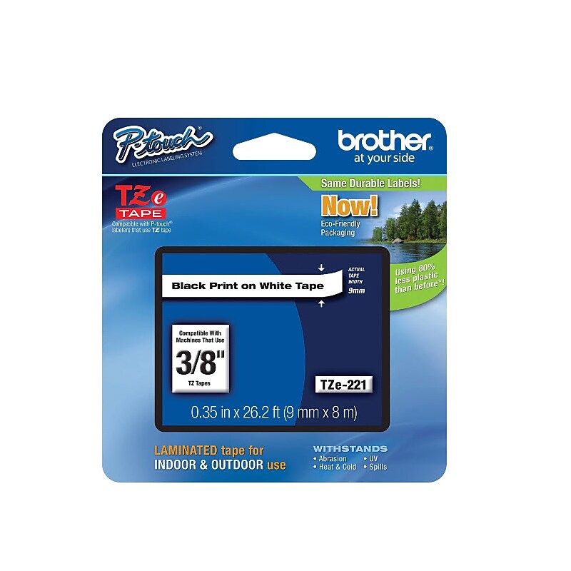 Brother P-touch TZe Laminated Label Tape, 0.35" x 26.2', White (TZE221G) image 1