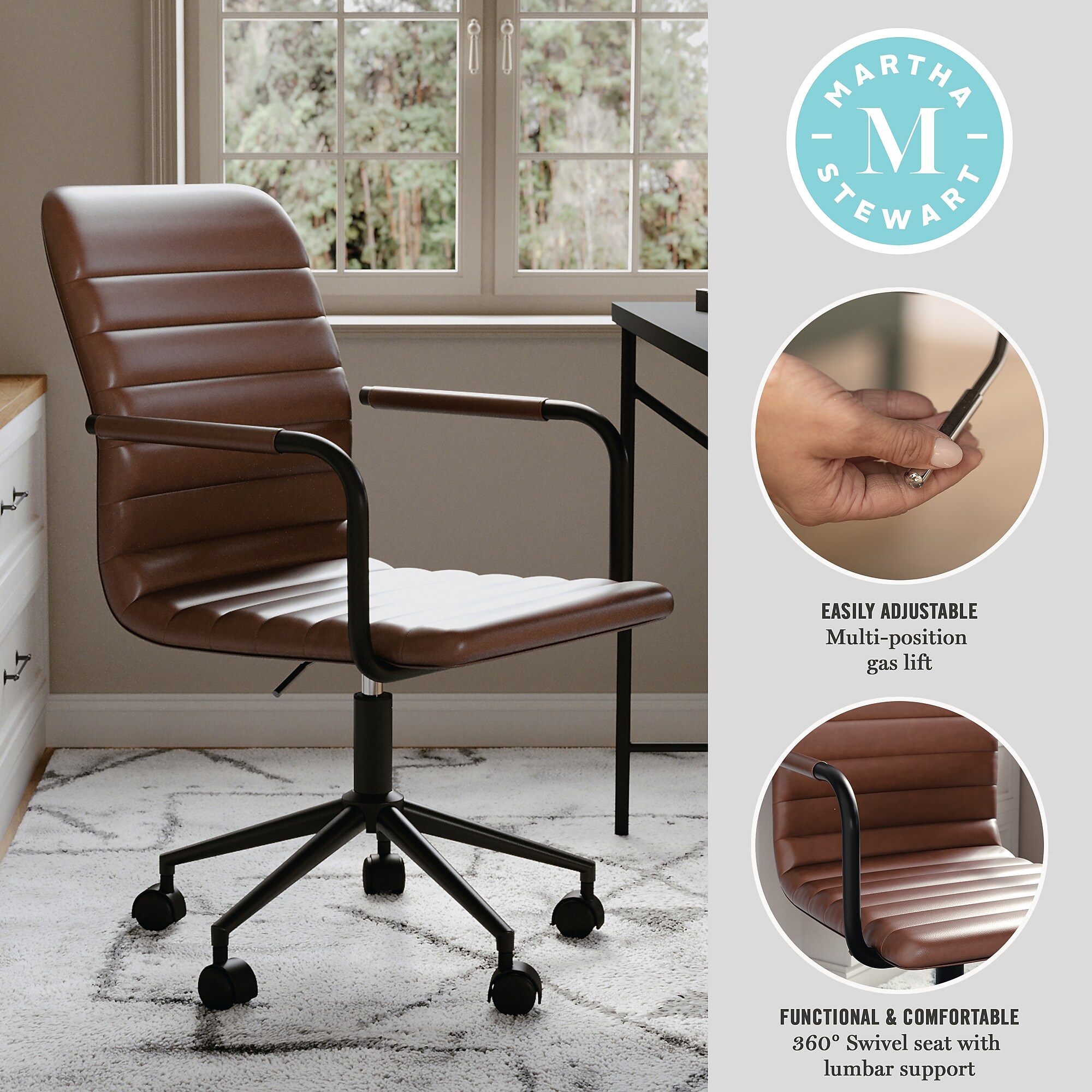 Martha Stewart Taytum Faux Leather Swivel Office Chair, Saddle Brown/Oil Rubbed Bronze (CH142370BRBK) Sansujyuku sansujyuku.com