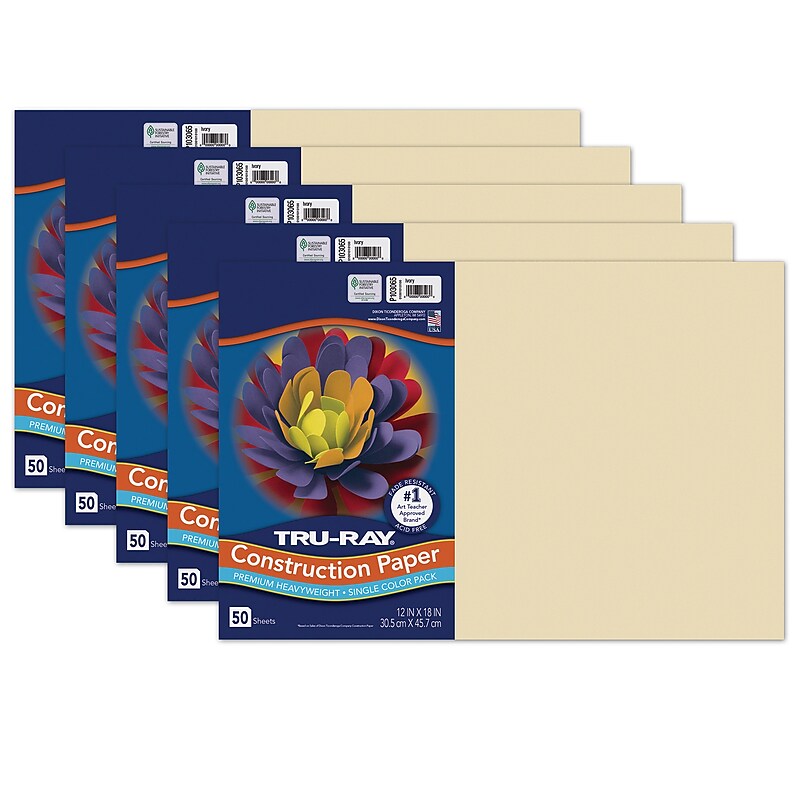 Tru-Ray 12" x 18" Construction Paper, Ivory, 50 Sheets/Pack, 5 Packs/Bundle (PAC103065-5) image 1