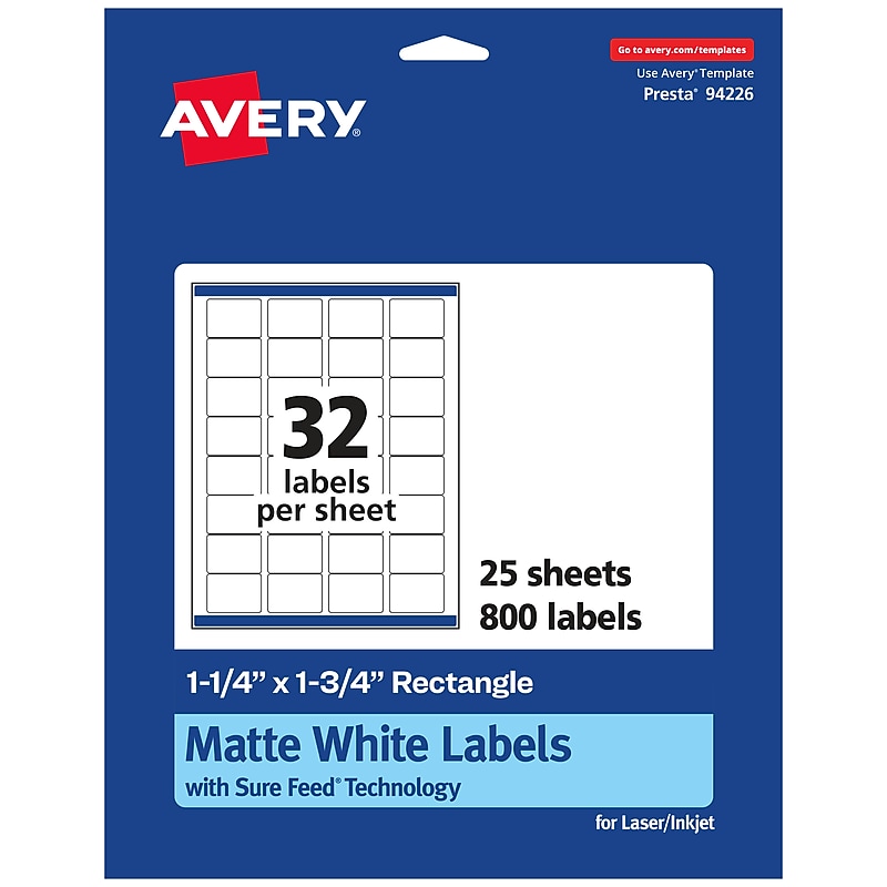 Avery Laser/Inkjet Multipurpose Rectangle Labels, 1.25" x 1.75", White, 800 Labels/Pack (94226) image 1