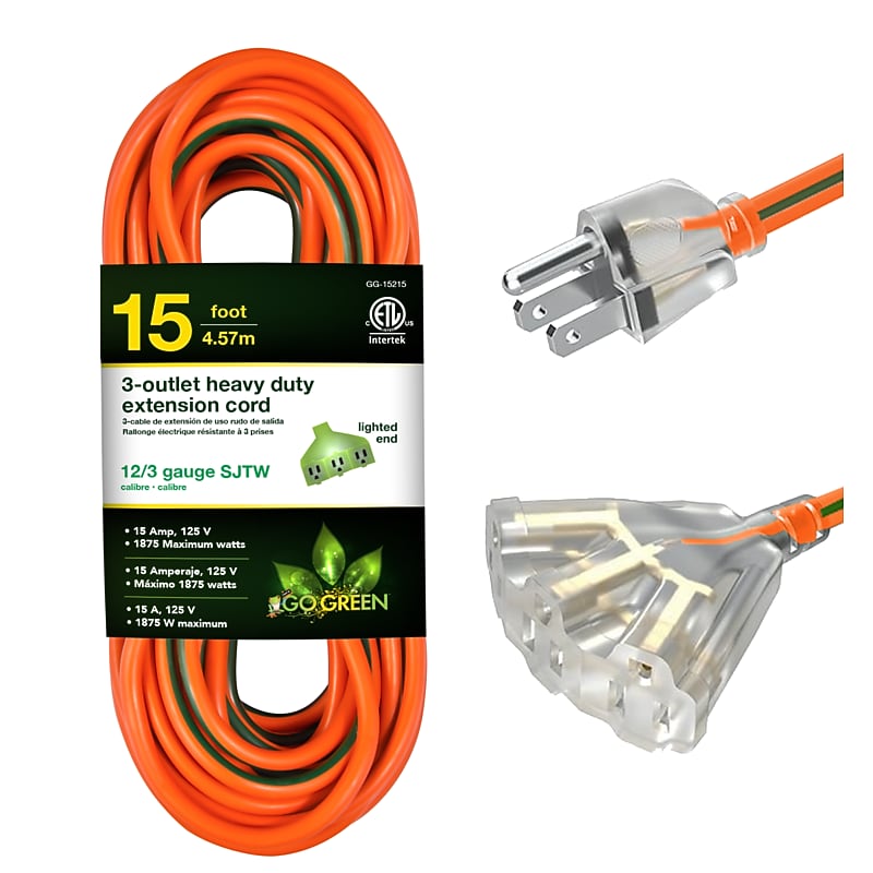 GoGreen Power Heavy Duty Extension Cord, Lighted End, Orange (GG-15215) image 1