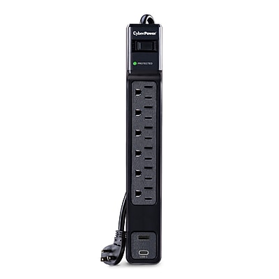 CyberPower P604UCBK Home Office 6-Outlet Surge Protector, 1-USB-C Port, 1-USB-A Port, 4 ft. Cord, 1800J Surge Suppression, Black Simolary simolary.com