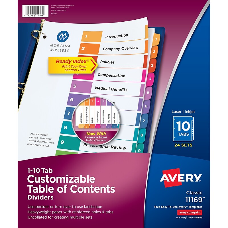Avery Ready Index Table of Contents Paper Dividers, 1-10 Tabs, Multicolor, 24 Sets/Box (11169) image 1