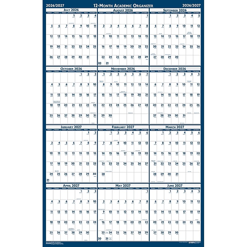2026-2027 House of Doolittle 24" x 37" Academic Yearly Dry Erase Wall Calendar, Reversible, Blue (395-27) image 1