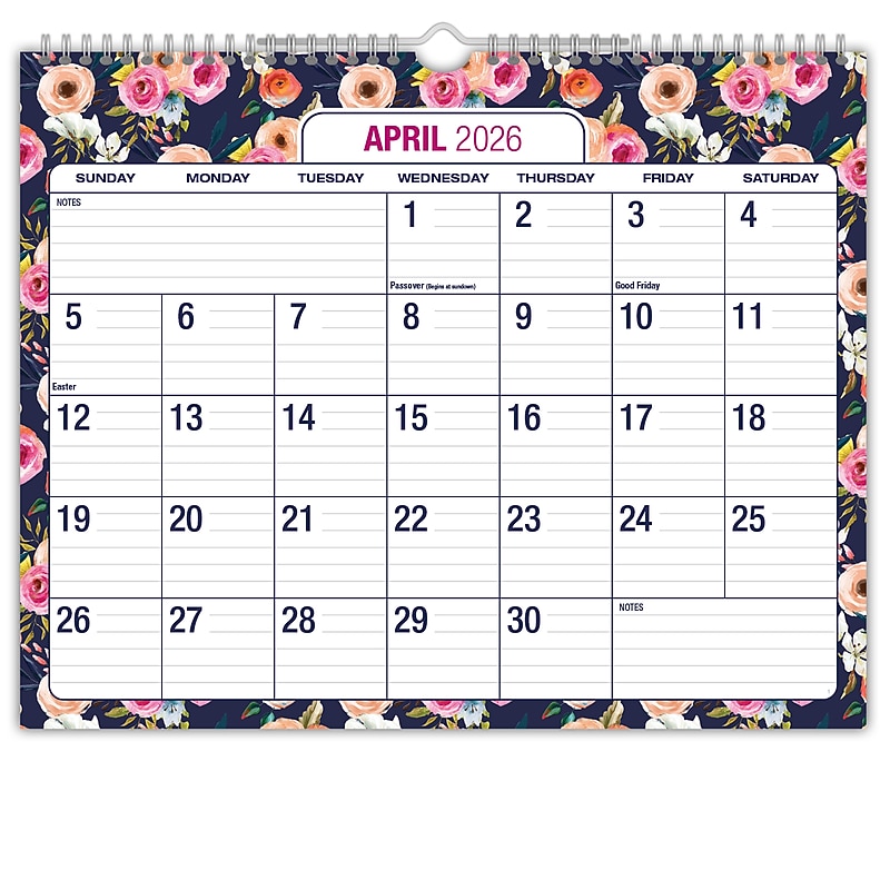 2026-2027 Excello Brands Large Print 12" x 15" Academic Monthly Wall Calendar, Navy Floral (WC-AY26-1215-84) image 1