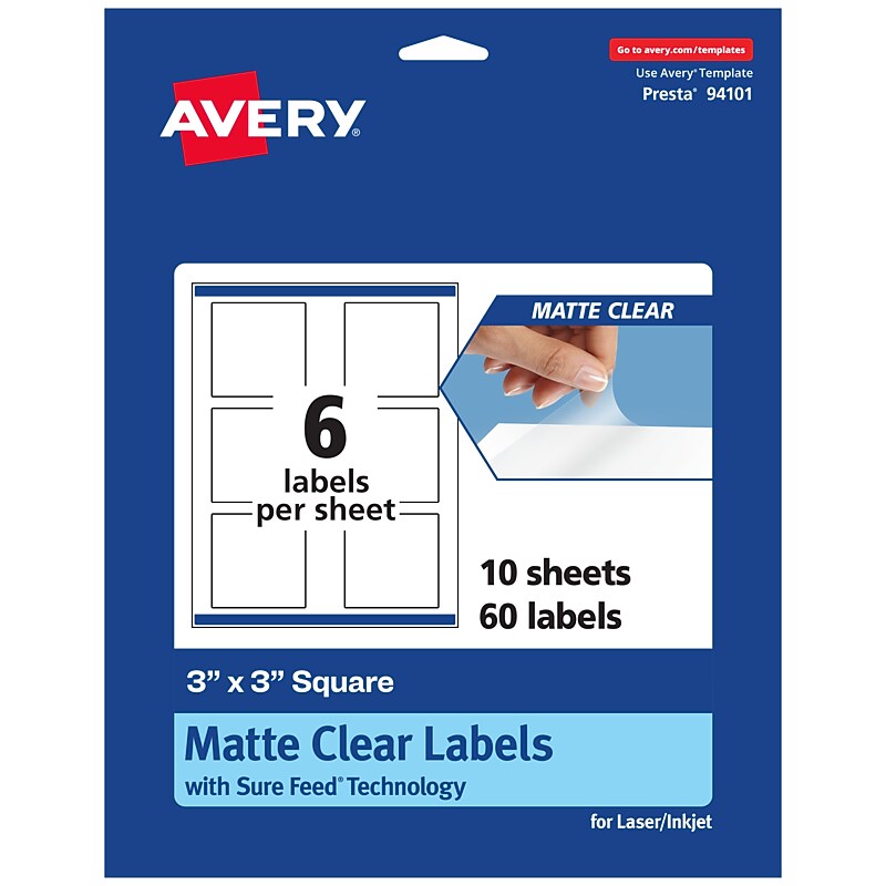 Avery Laser/Inkjet Multipurpose Square Labels, 3" x 3", Clear, 60 Labels/Pack (94101) image 1