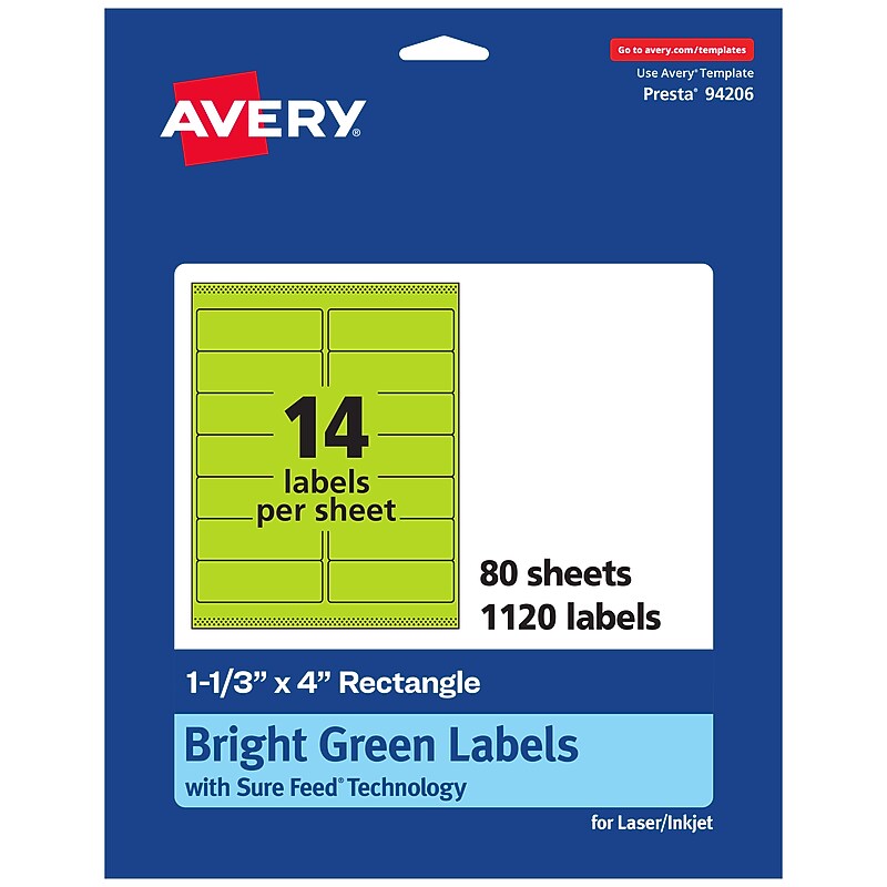 Avery Printable Rectangle Multipurpose Labels, 1-1/3" x 4", Bright Green, 1120/Box (94206) image 1