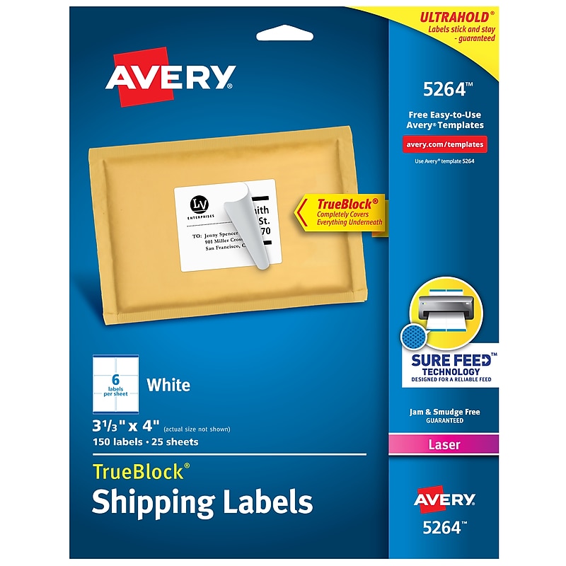 Avery TrueBlock Laser Shipping Labels, 3-1/3" x 4", White, 150 Labels/Pack (5264) image 1