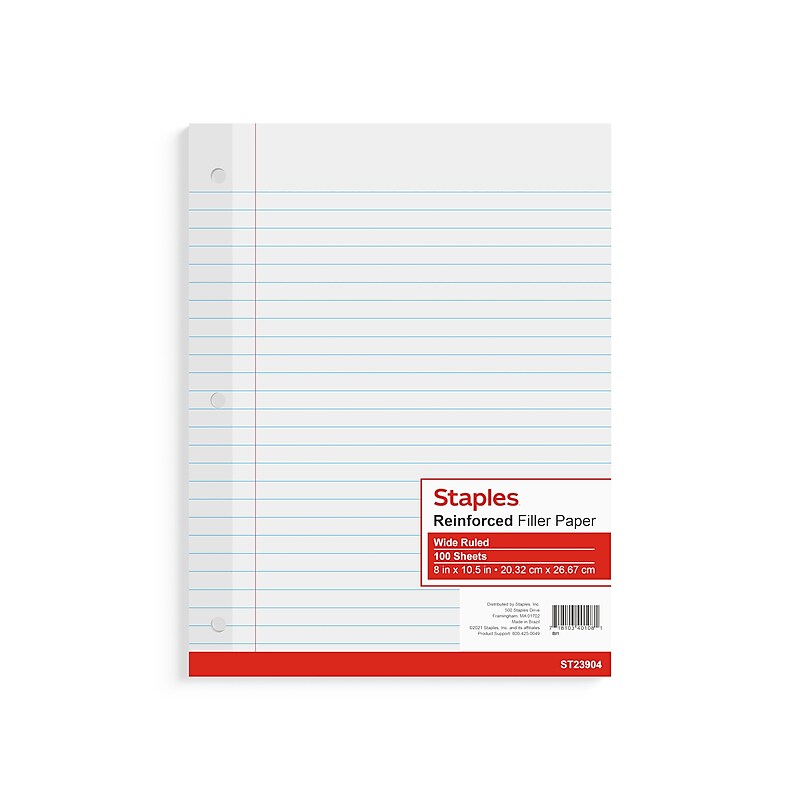 Staples Wide Ruled Filler Paper, 8" x 10.5", White, 100 Sheets/Pack (ST23904G) image 1