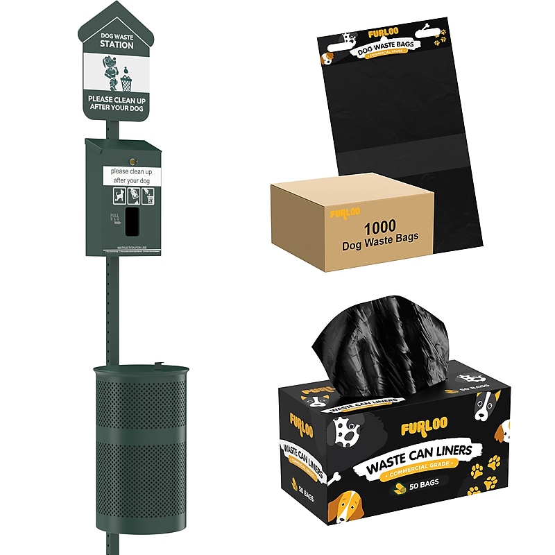 Furloo Steel Outdoor Pet Waste Station Kit with Header Bag Dispenser, 11.5 Gallon, Green (FLO1H-S-G-B) image 1
