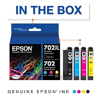 Epson T702XL/T702 Black High Yield and Cyan/Magenta/Yellow Standard Yield Ink Cartridge, 4/Pack (T702XL-BCS)