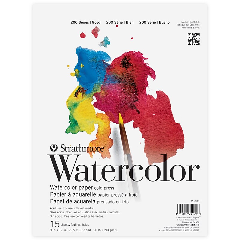 Strathmore 200 Series 9" x 12" Tape Bound Watercolor Pad, 15 Sheets/Book, 3/Bundle (STT251091-3) image 1