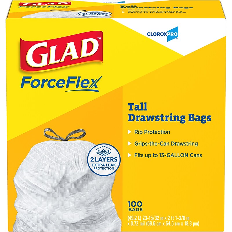 Glad ForceFlex Tall 13 Gallon Drawstring Kitchen Trash Bag, White, 100 Total Bags (78374) image 1