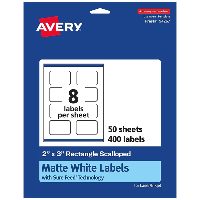 Avery Laser/Inkjet Decorative Edge Multipurpose Labels, 2" x 3", White, 400 Labels/Box (94267) image 1