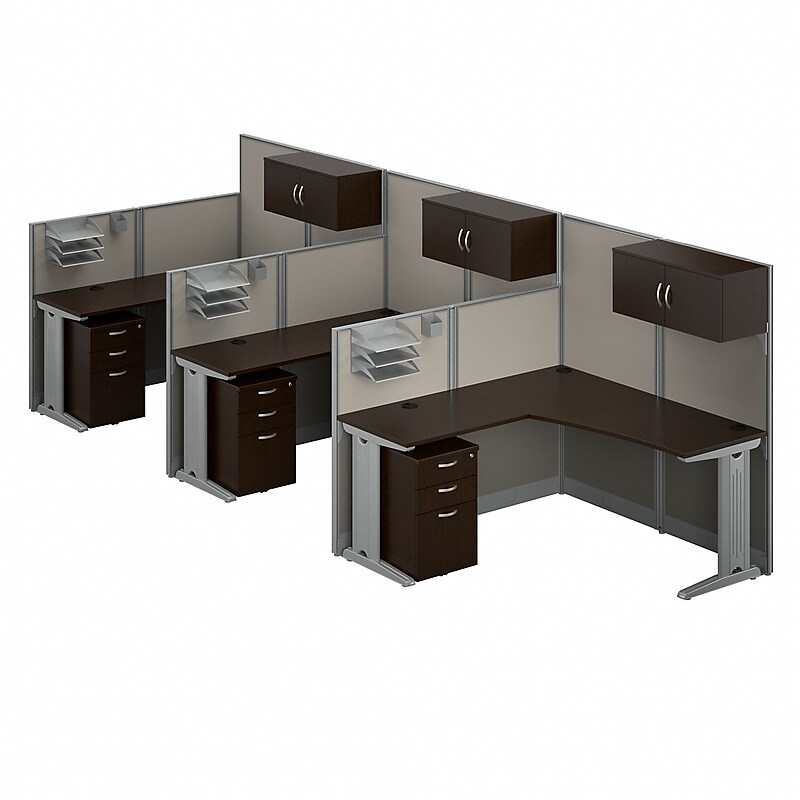 Bush Business Furniture Office in an Hour 63"H x 193"W 3 Person L-Shaped Cubicle Workstation, Mocha Cherry (OIAH006MR) image 1