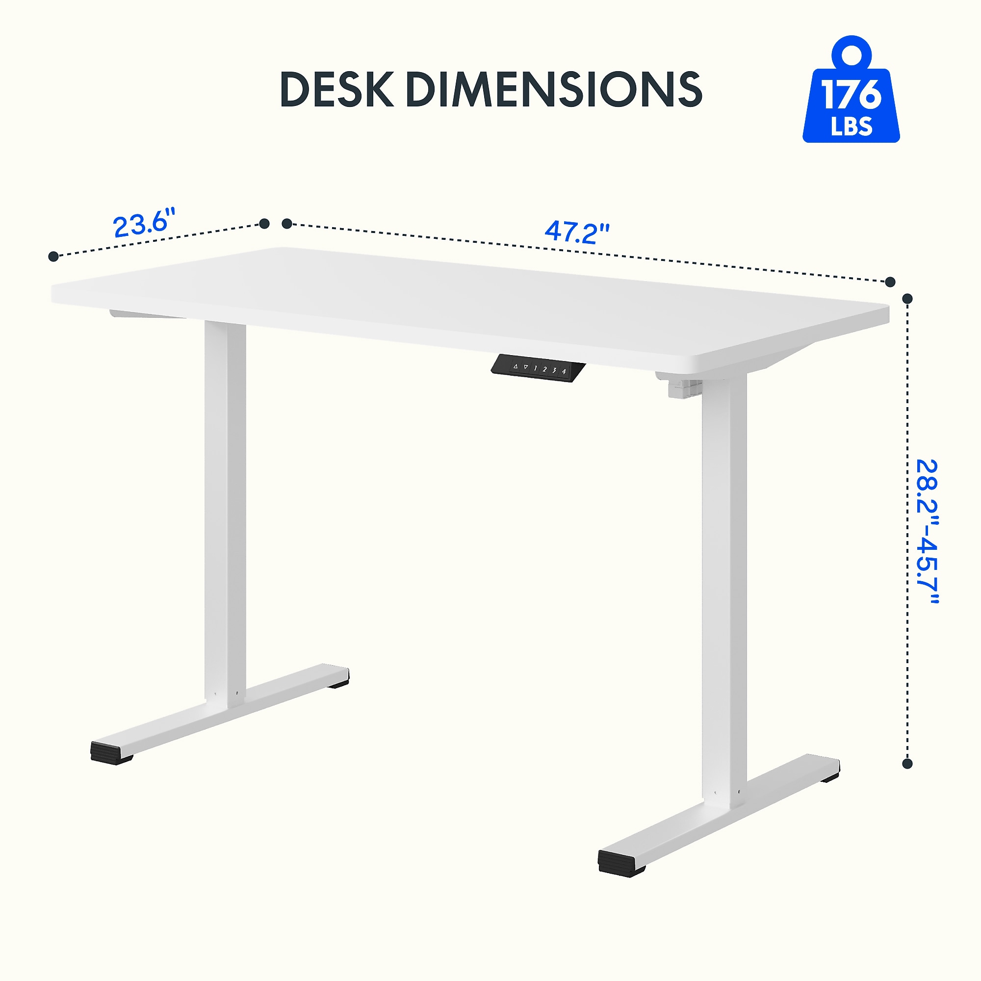 Desk dimensions graphic for 48-inch white electric adjustable standing desk
