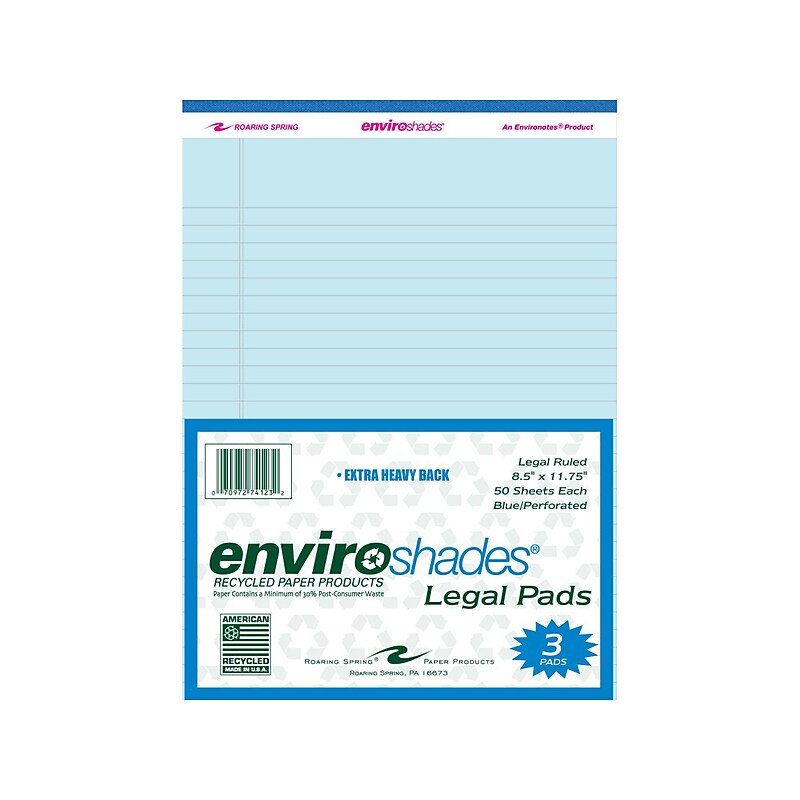 Roaring Spring Paper Products 8.5" x 11.75" Legal Pads, Recycled Blue Paper, 50 Sheets/Pad, 3 Pads/Pack (74123) image 1