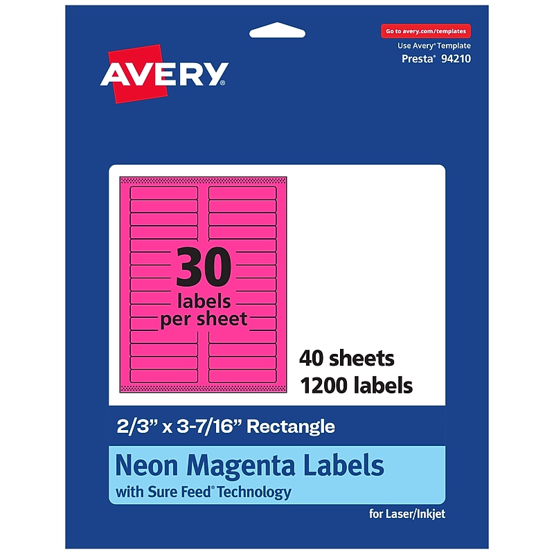 Avery Rectangle Laser/Inkjet Multipurpose Labels, 2/3" x 3-7/16", Neon Magenta (1200/Box) image 1