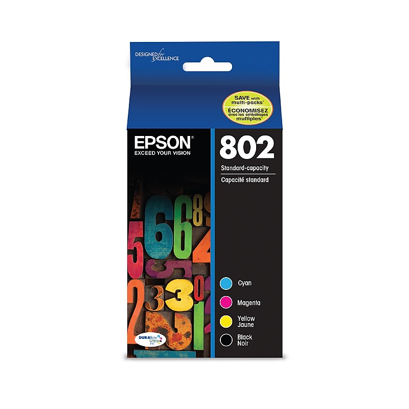Epson T802 Black/Cyan/Magenta/Yellow Standard Yield Ink Cartridge, 4/Pack   (T802120-BCS) image 1