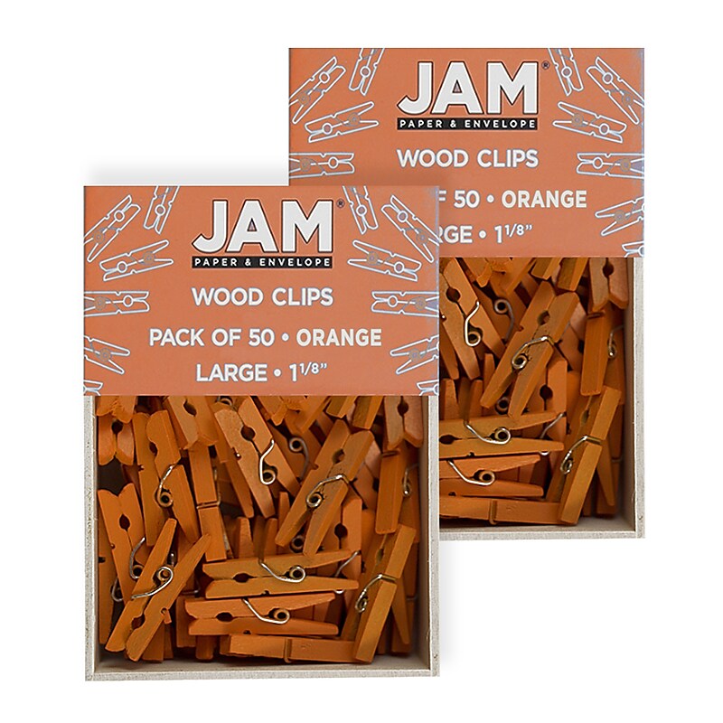 JAM Paper® Wood Clip Clothespins, Medium 1 1/8 Inch, Orange Clothes Pins, 2 Packs of 50 (230729145A) image 1