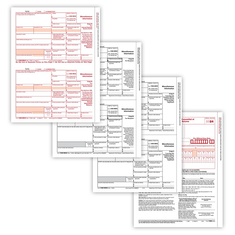 ComplyRight 2024 1099-MISC Tax Form, 4-Part, 2-Up, Copy A, B, C/2, 1096 Transmittal, 100/Pack (6103100) image 1