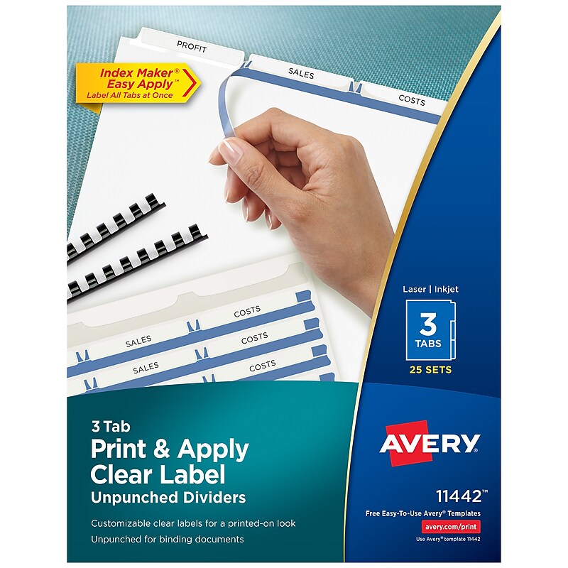 Avery Index Maker Unpunched Paper Dividers with Print & Apply Label Sheets, 3 Tabs, White (11442) image 1