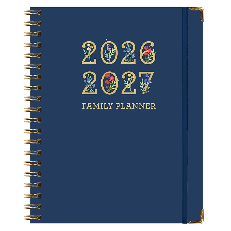 2026-2027 Excello Brands 8.5" x 11" Academic Weekly & Monthly Family Planner, Paperboard Cover, Navy Gold Numbers image 1