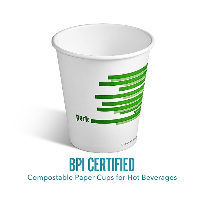 Perk™ Eco Compostable Paper Hot Cup, 10 Oz., White/Green Perk™ Eco Compostable Paper Hot Cup, 10 Oz., White/Green