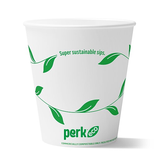 Perk™ Eco Compostable Paper Hot Cup, 10 Oz., White/Green, 50/Pack