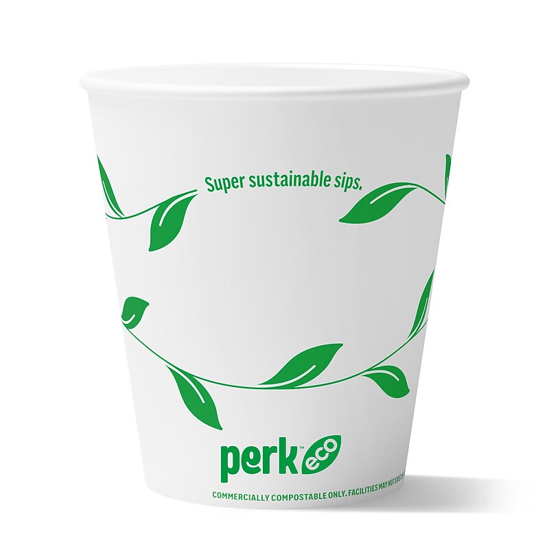 Perk™ Eco Compostable Paper Hot Cup, 10 Oz., White/Green, 50/Pack (PK56223) image 1