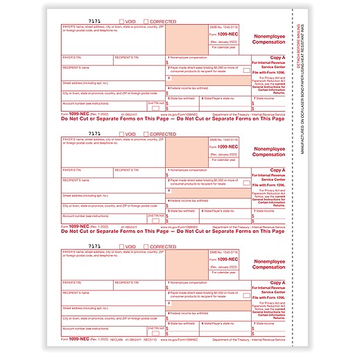 ComplyRight® 2023 1099NEC Tax Form, Federal Copy A, 3Up, 50/Pack